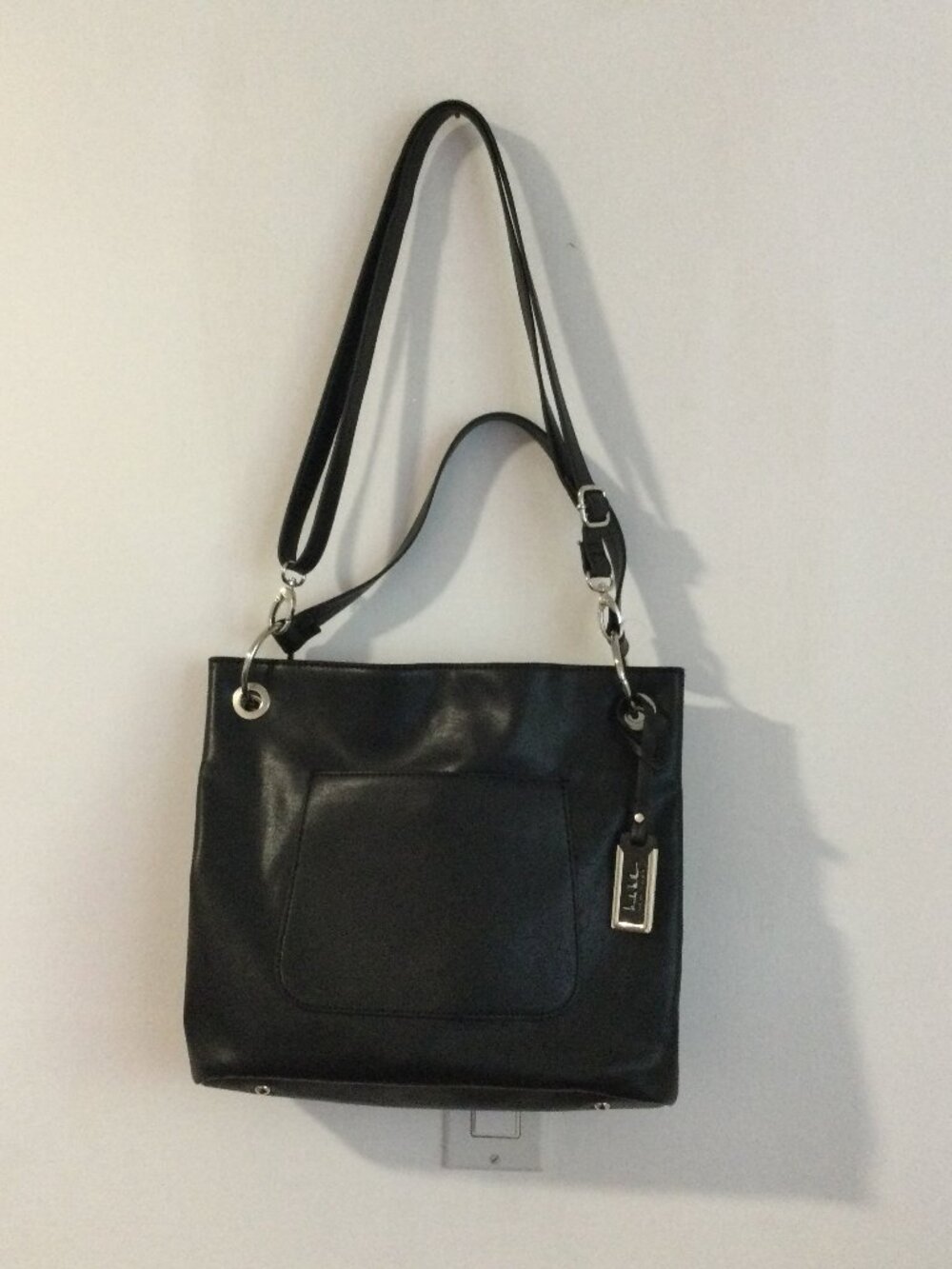 Nicole Miller New York Black Faux Soft Leather Shoulder Bag with Silver hardware